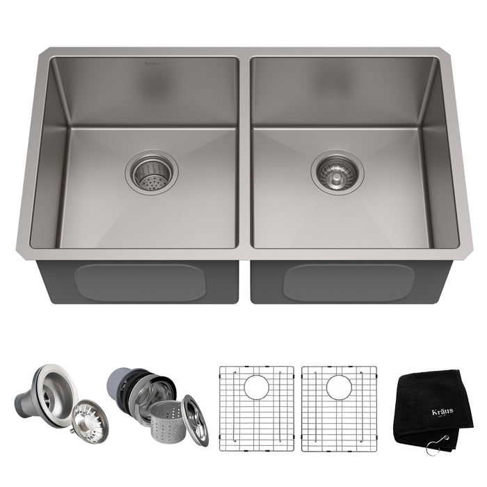 Kraus Standart PRO 33" x 19" Under-Mount 50/50 Double Bowl Stainless Steel Kitchen Sink