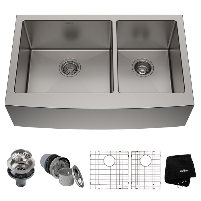 Kraus Standart PRO 33" x 21" 60/40 Double Bowl Stainless Steel Farmhouse Kitchen Sink