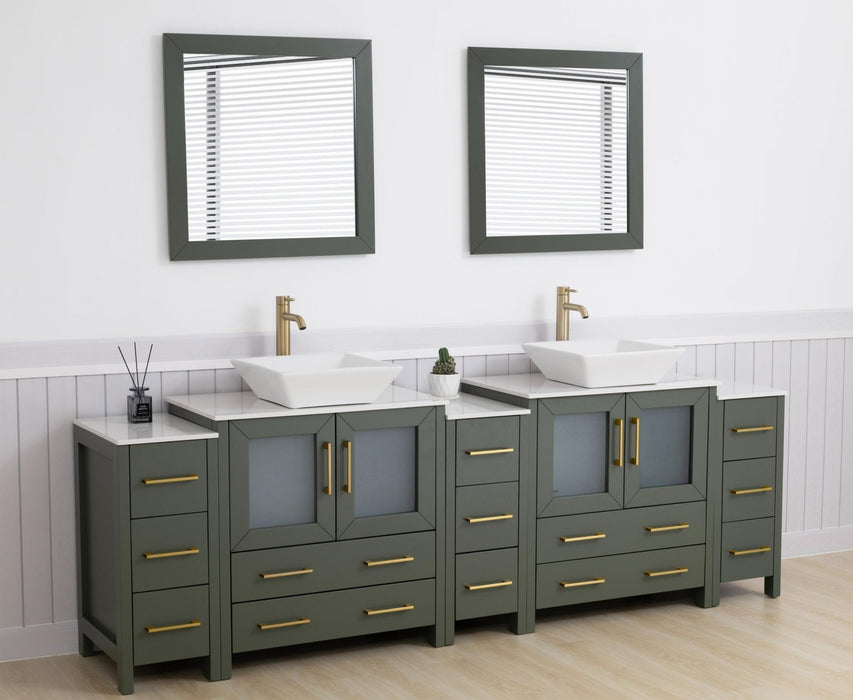 Vanity Art Monaco 96" Double Vessel Sink Bathroom Vanity Set with Engineered Marble Top and Mirrors - 3 Side Cabinets
