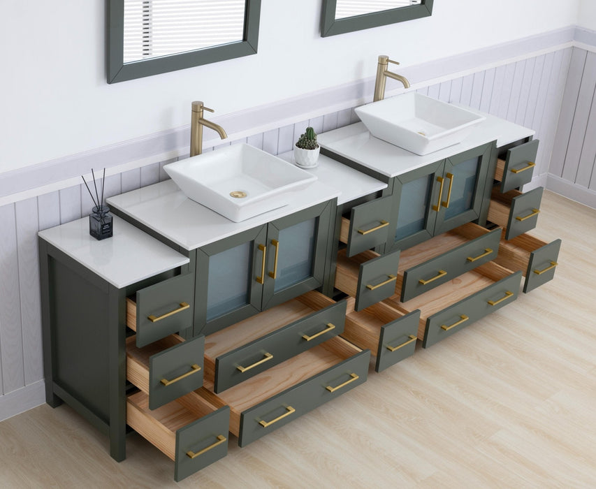 Vanity Art Monaco 96" Double Vessel Sink Bathroom Vanity Set with Engineered Marble Top and Mirrors - 3 Side Cabinets