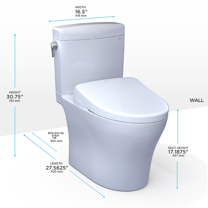 TOTO Washlet+ Aquia IV Cube Two Piece Elongated Dual Flush 1.28 and 0.9 GPF Toilet with S7A Contemporary Bidet Seat