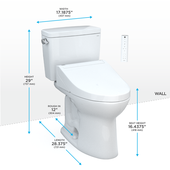 TOTO Drake Washlet+ Two Piece Elongated 1.6 GPF Tornado Flush Toilet with C5 Bidet Seat