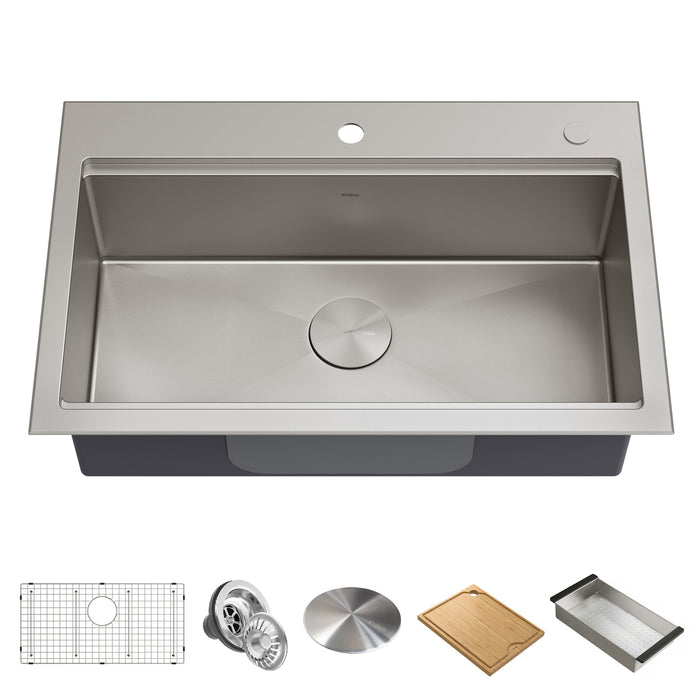 Kraus Kore Workstation 32" x 21" Top-Mount or Under-Mount Single Bowl Stainless Steel Kitchen Sink with Accessories (Pack of 5)