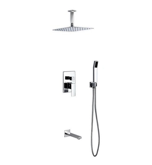 Aqua Piazza Brass Shower Set with Ceiling Mount Square Rain Shower (Handheld and Tub Filler)
