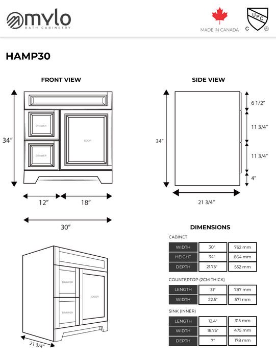 Hampton 30" Vanity with Quartz Countertop