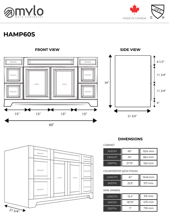 Hampton 60" Single Sink Vanity with Quartz Countertop