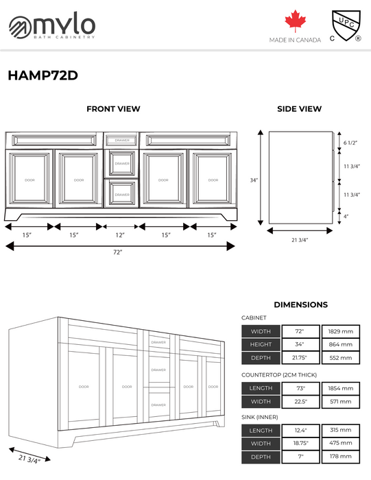 Hampton 72" Double Sink Vanity with Quartz Countertop