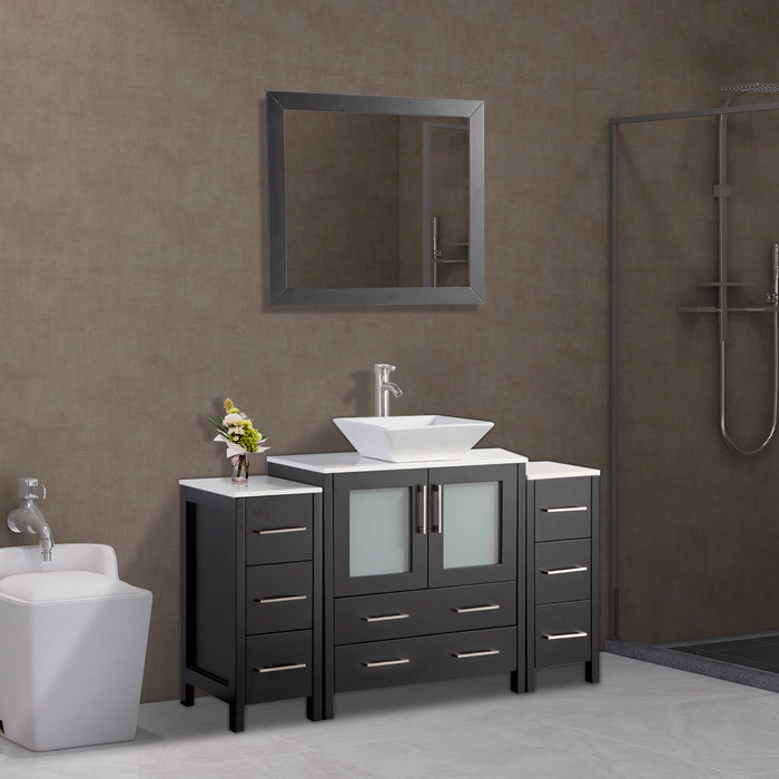Monaco 54" Single Vessel Sink Bathroom Vanity Set with Sink and Mirror - 2 Side Cabinets